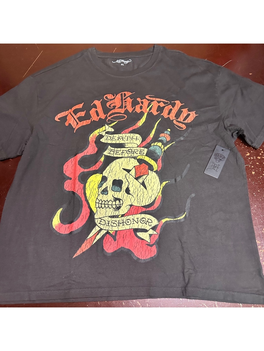 Ed Hardy black men’s skull and fire graphic, short sleeve T-shirt, XL